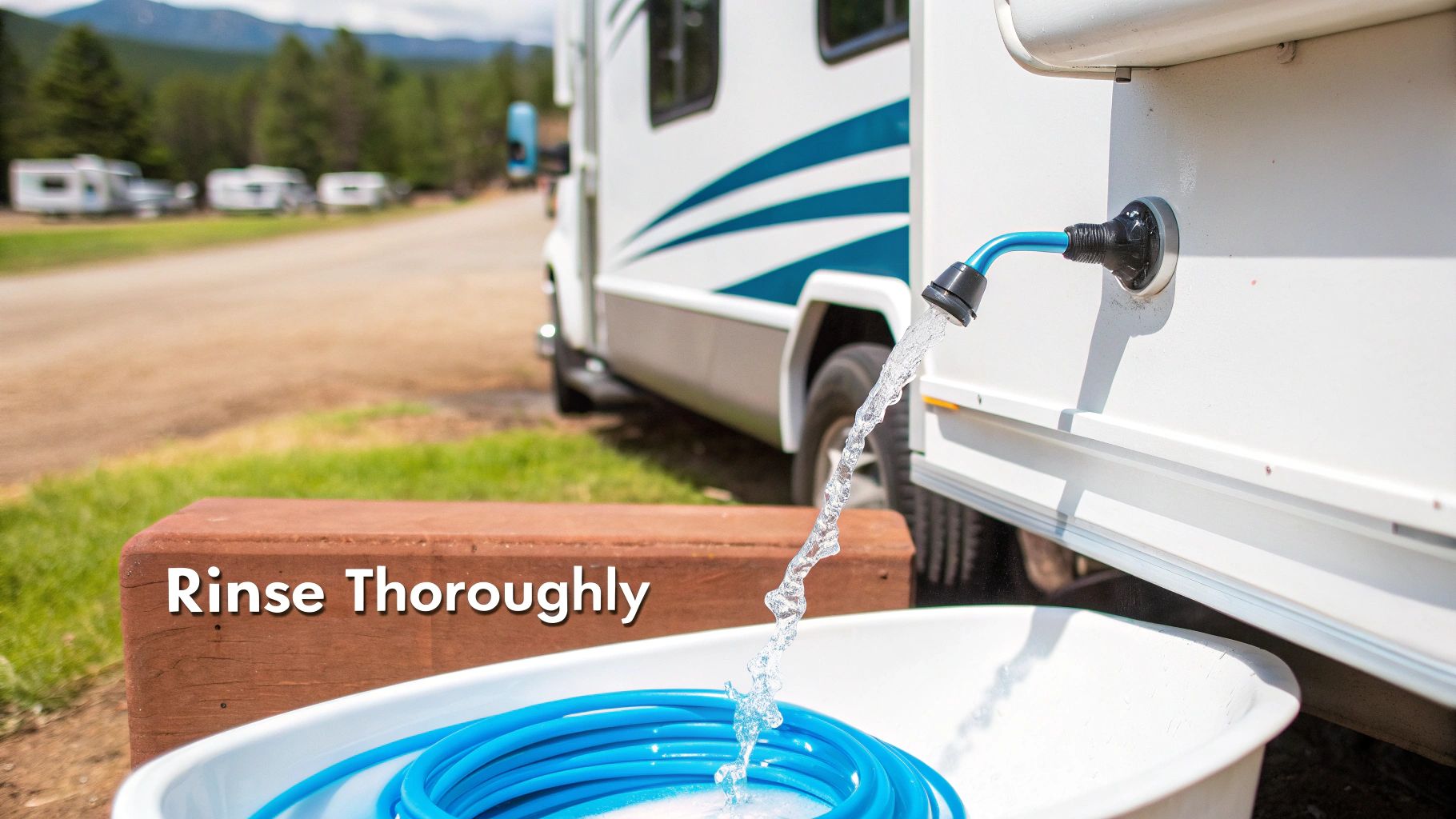 An RV connected to a water source with a white potable water hose for flushing.