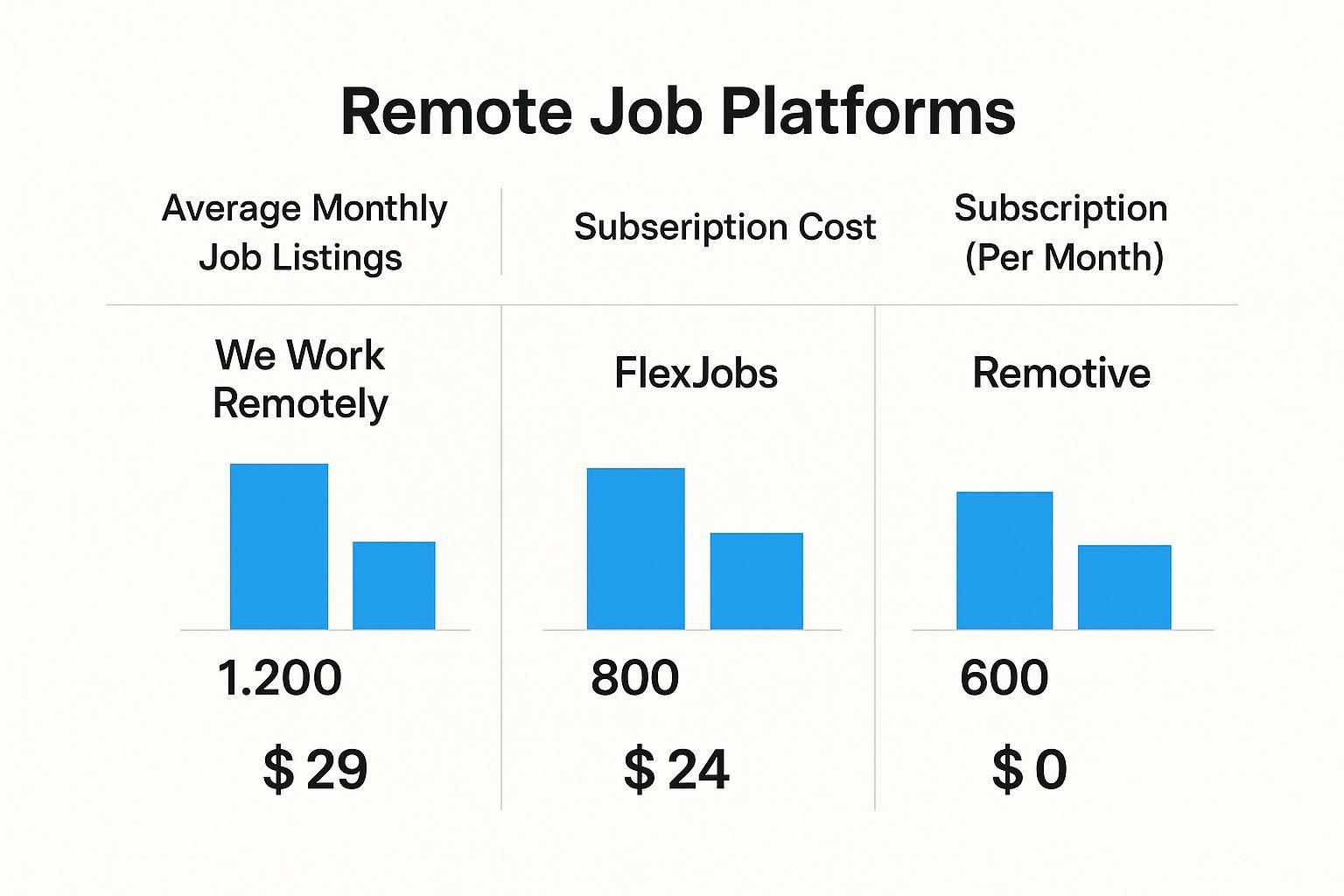 Infographic comparing remote job platforms We Work Remotely, FlexJobs, and Remotive based on monthly job listings and subscription cost.