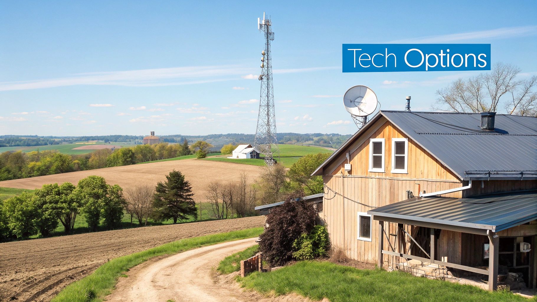 A person setting up a rural internet dish on their roof with a scenic countryside view.