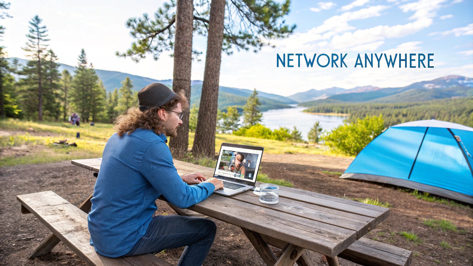 A person sitting in an RV at a desk, networking on their laptop with a scenic view outside the window.