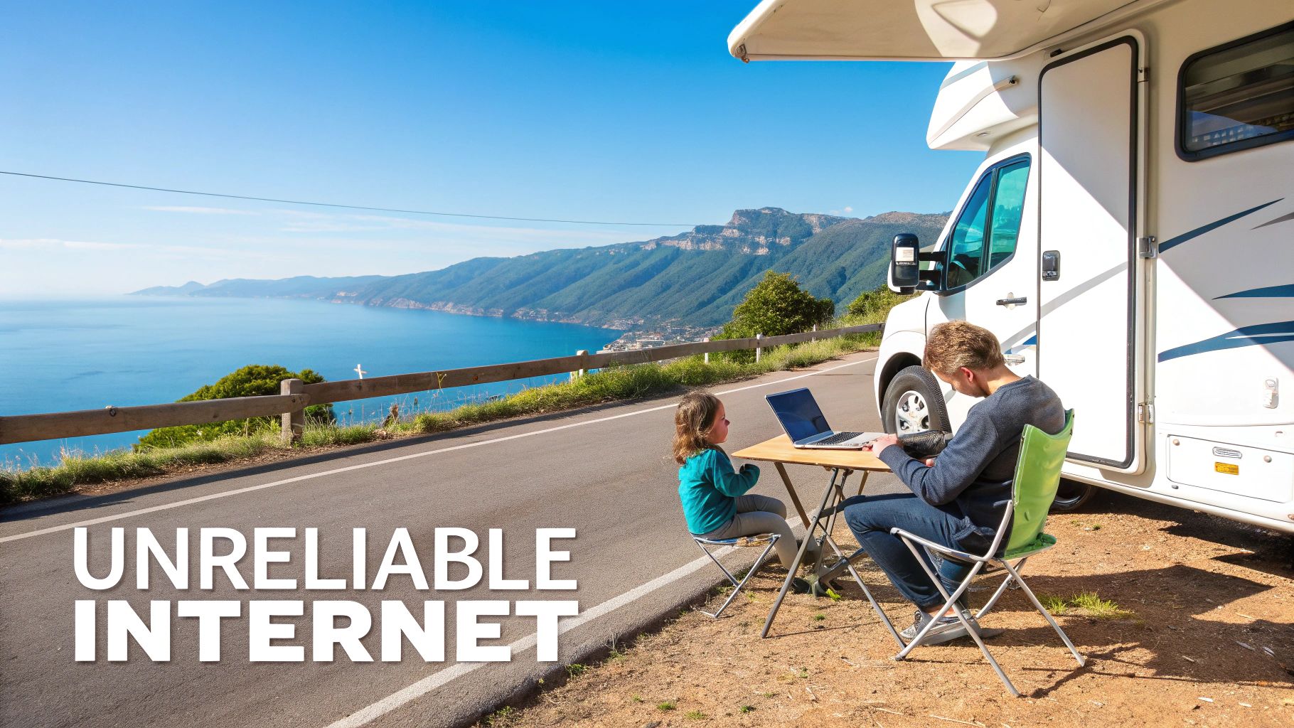 Man and child using a laptop by an RV on a scenic road, with 'UNRELIABLE INTERNET' text.