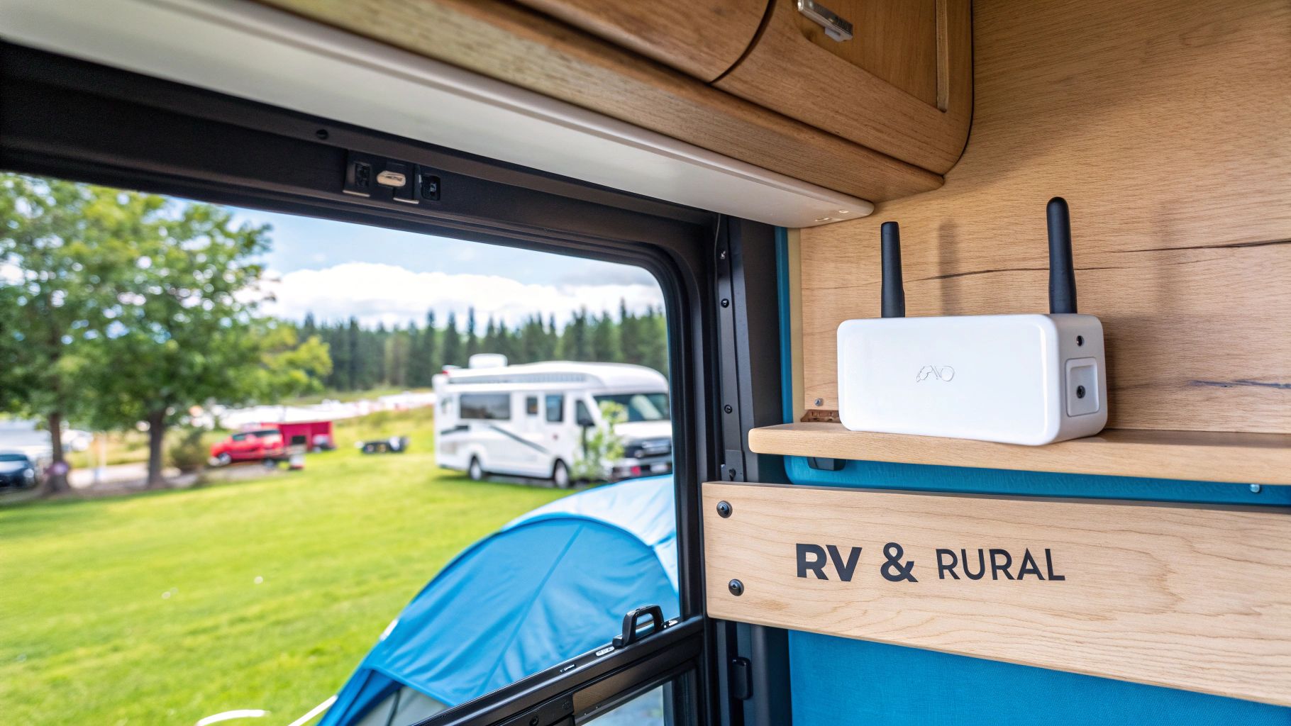 An RV parked in a scenic rural location with a laptop user outside.