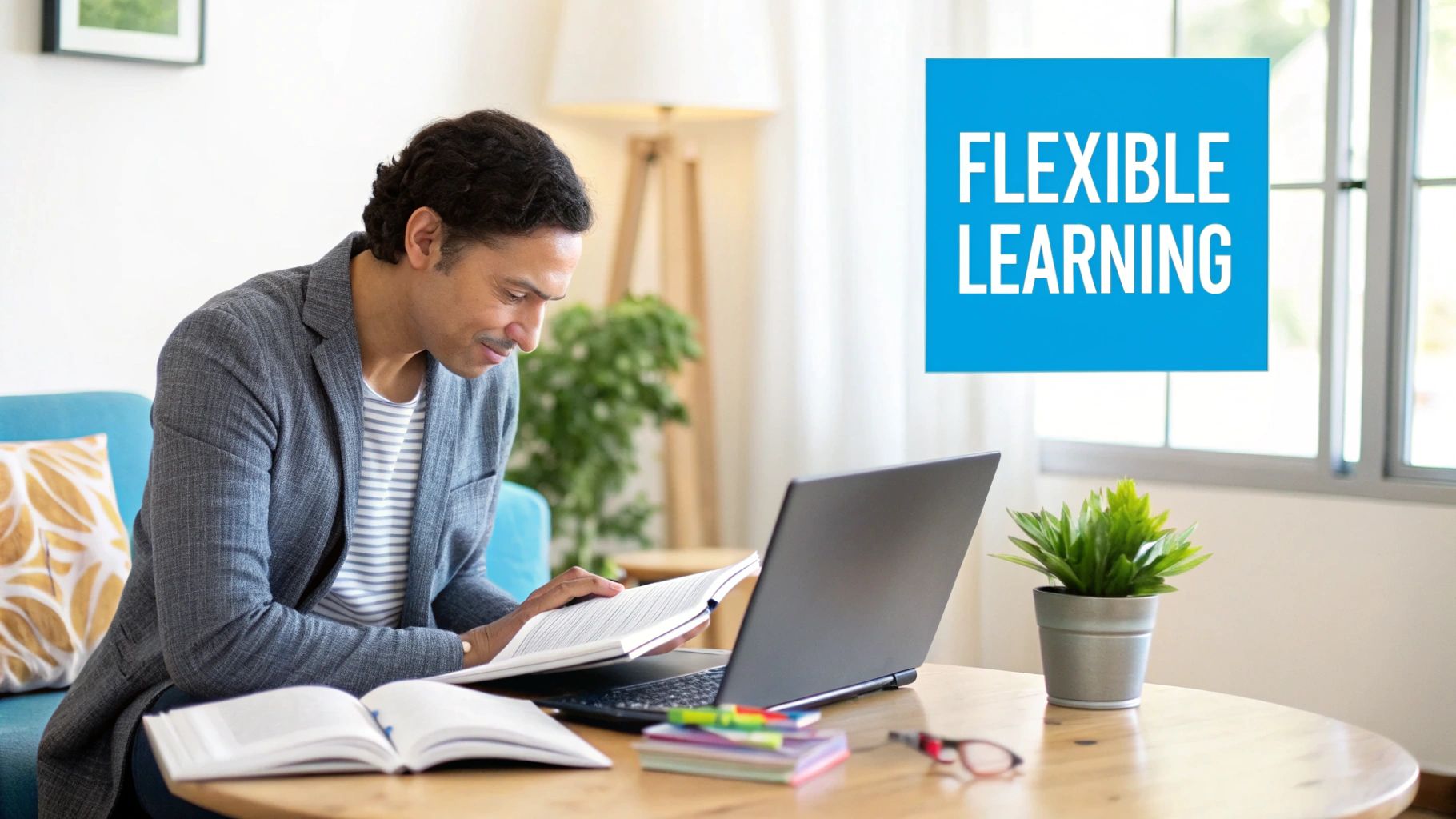 An adult professional working on a laptop in a comfortable home setting, engaged in an online course.