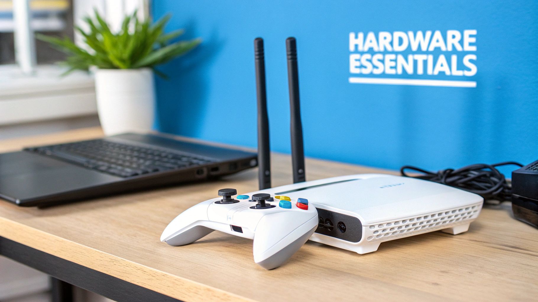 A mobile WiFi router with antennas set up for gaming in a modern living space.