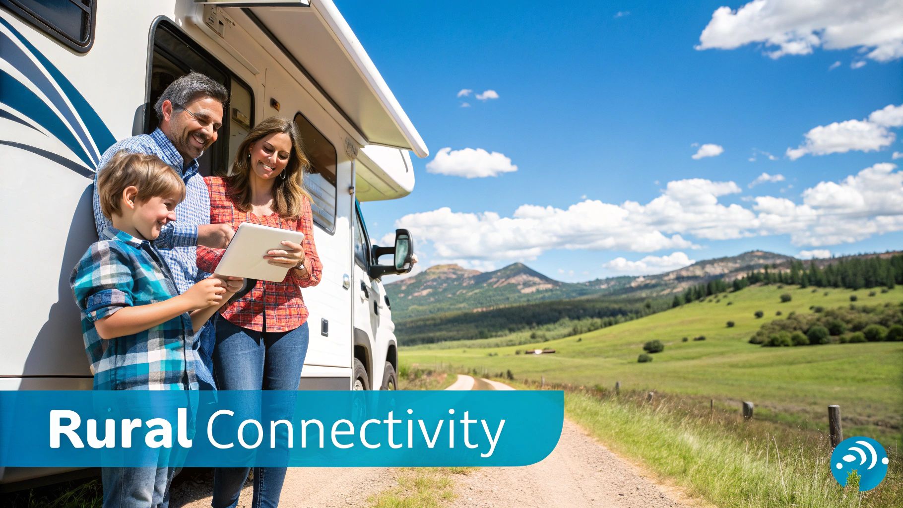 An RV parked in a scenic, rural landscape with a family using devices connected to a portable travel wifi router.