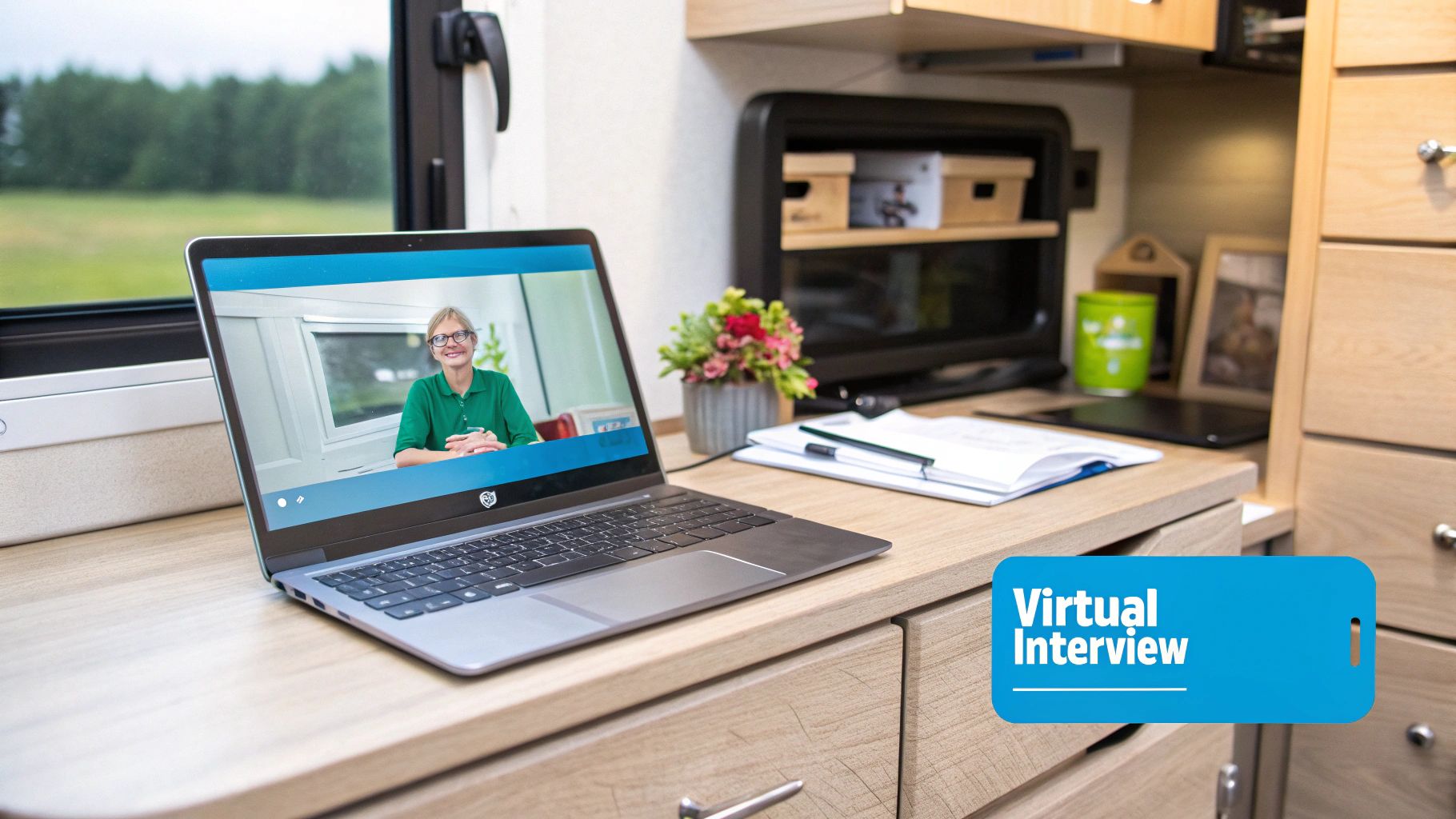 A person in a professional setting having a virtual interview on their laptop.