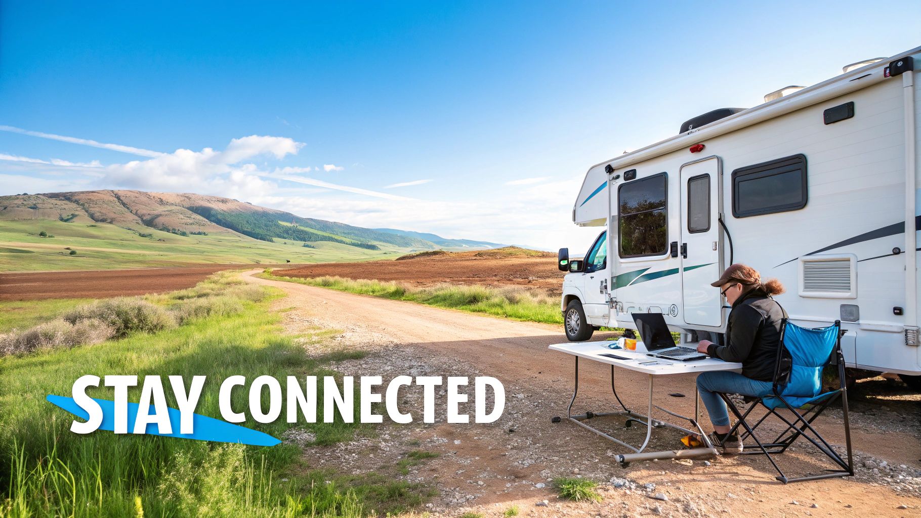Person working on a laptop outside an RV in a remote, scenic landscape, symbolizing remote work and staying connected.