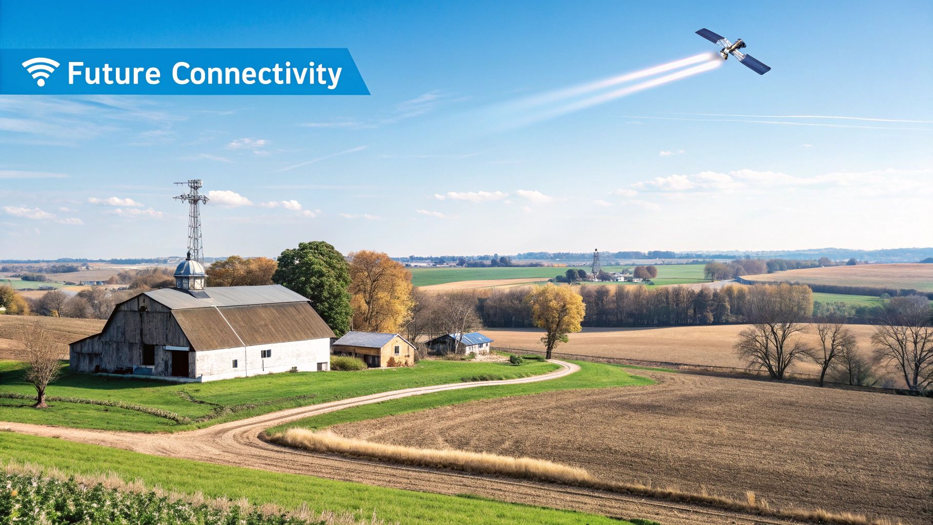 A modern satellite dish in a rural landscape with a vibrant sunset.