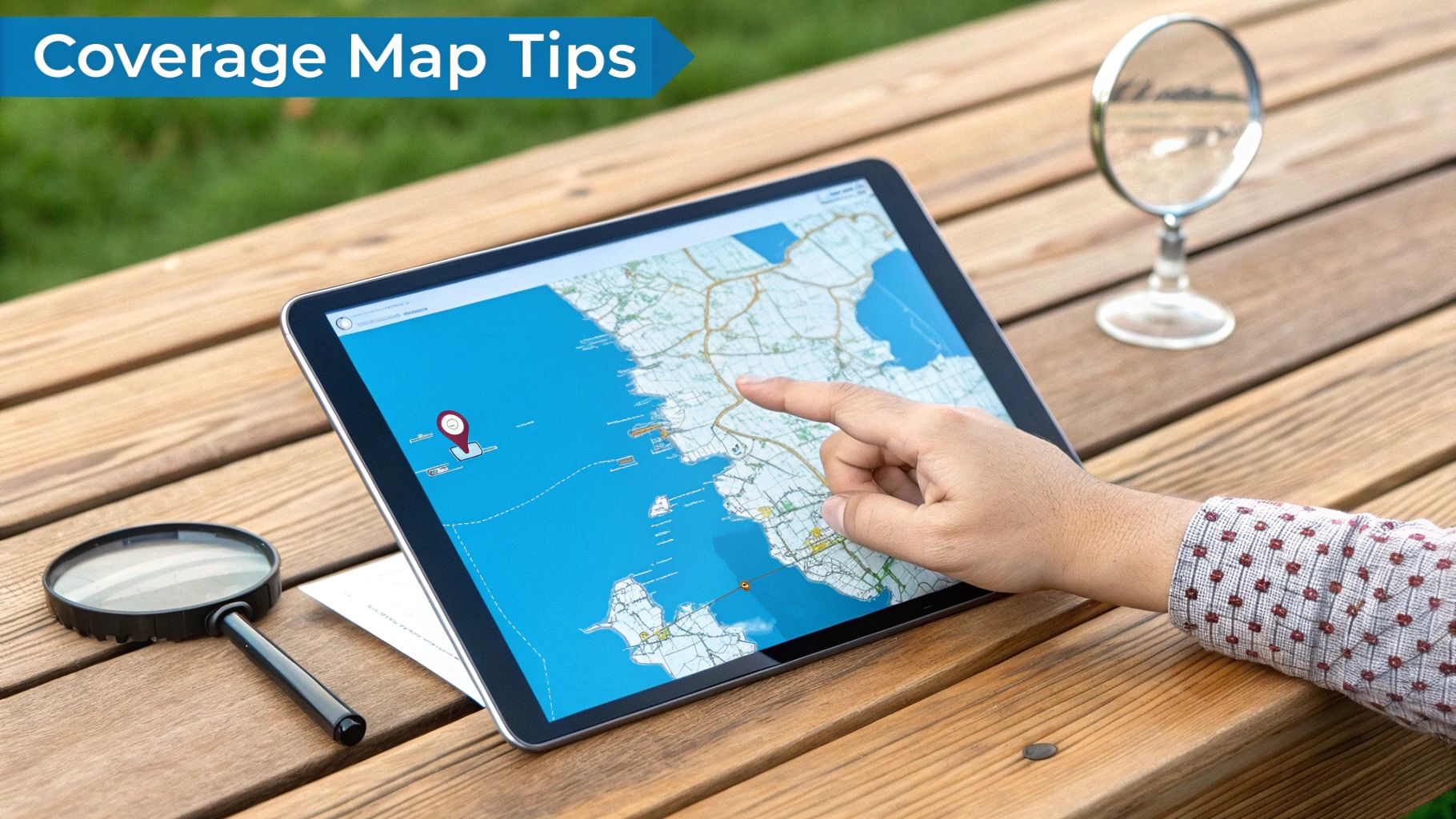 A hand points at a digital map on a tablet showing "Coverage Map Tips" on a wooden table.