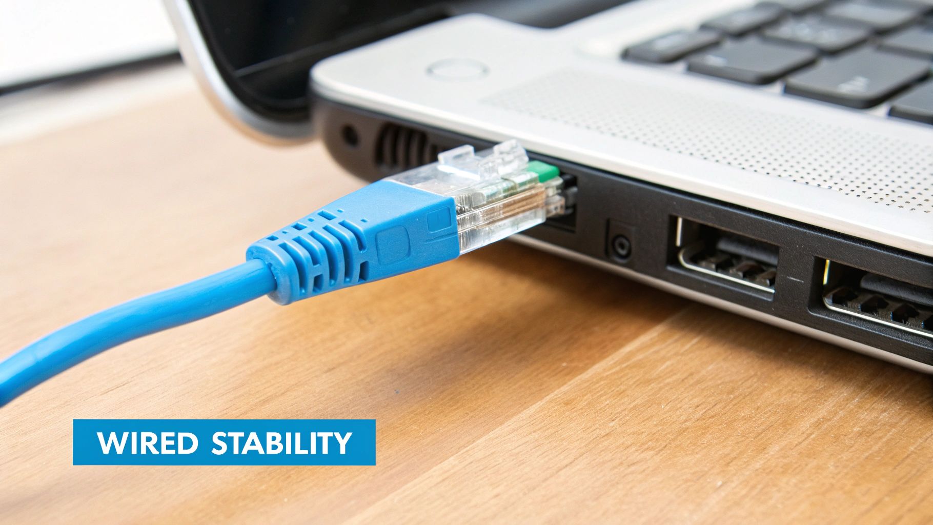 An Ethernet cable plugged into a port on a modern WiFi router, symbolizing a direct, stable wired internet connection.