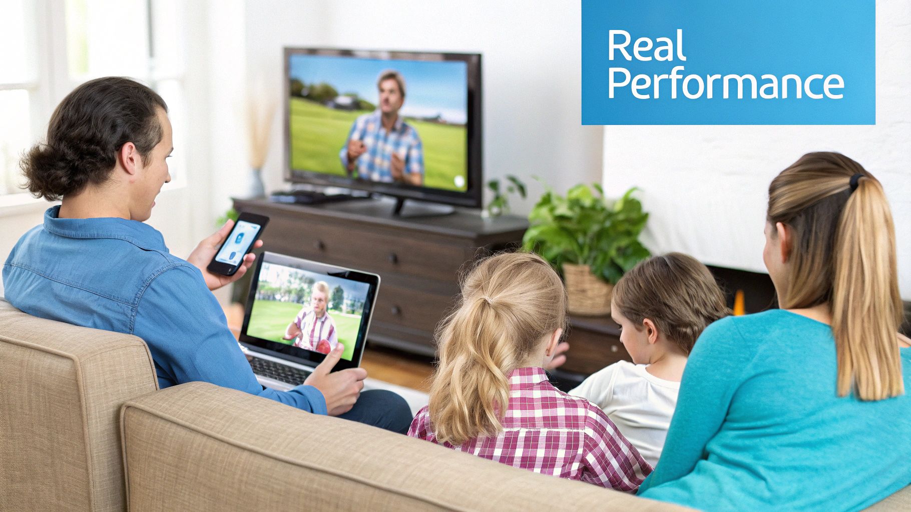 A family enjoys watching a movie together in their living room, representing a real-world use case for 5G home internet.