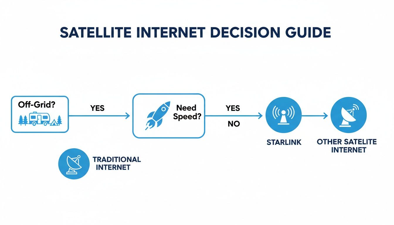 Decision guide flowchart for satellite internet, covering off-grid needs, speed, Starlink, and traditional options.