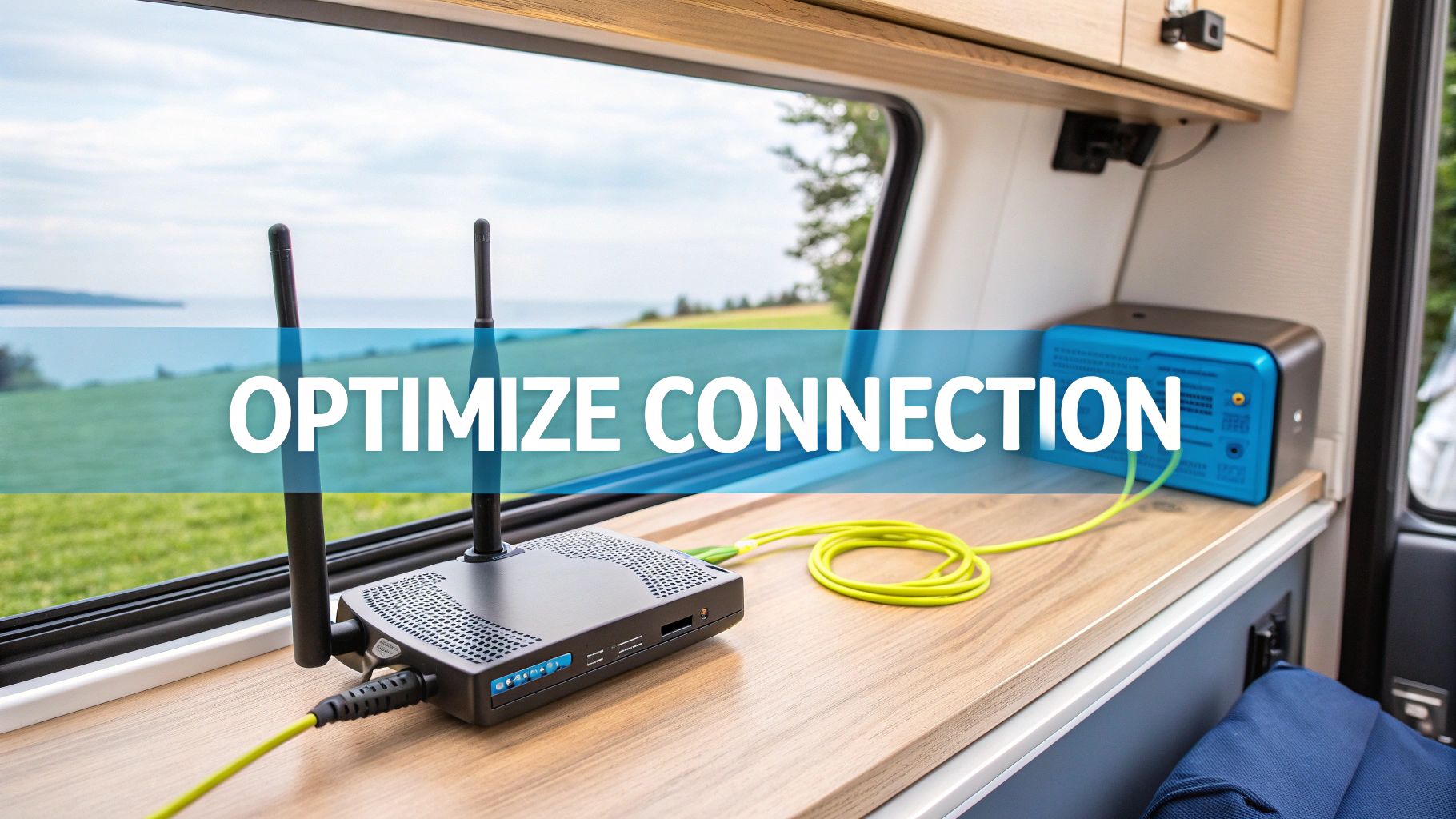A gaming setup featuring a laptop and mobile WiFi router, optimized for performance in an RV.