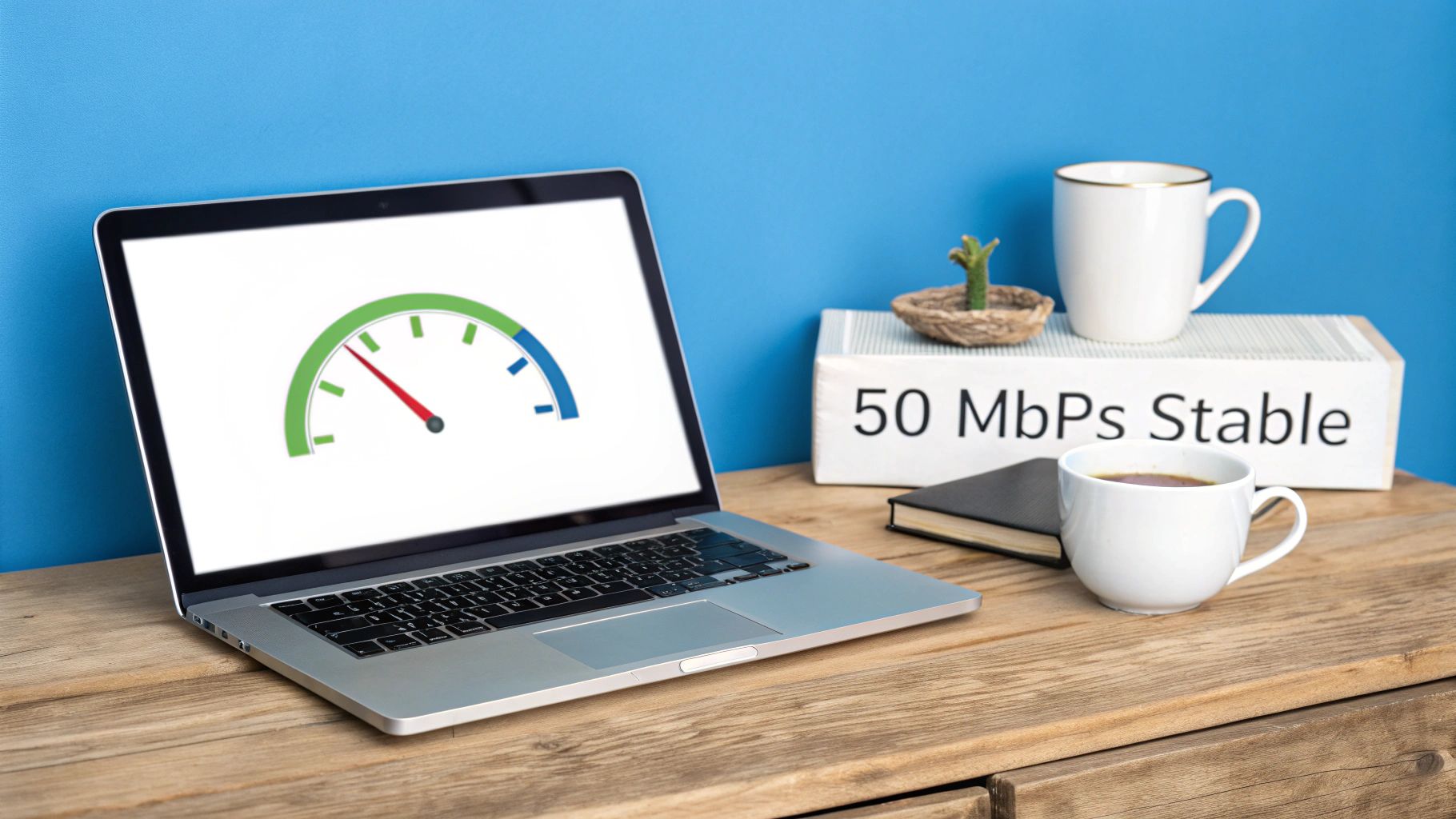 Laptop displaying a fast internet speed gauge, with '50 MBps Stable' text, and coffee on a wooden desk.