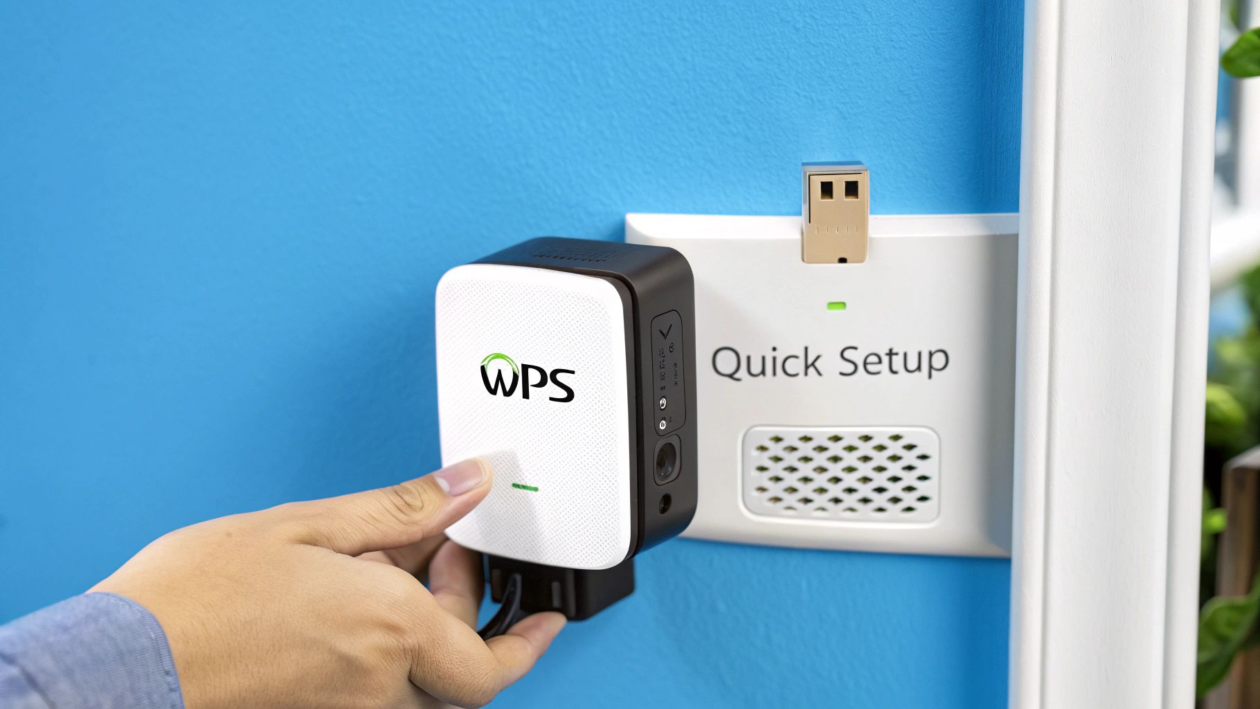 A person connecting a Wi-Fi extender into a wall outlet near their router.