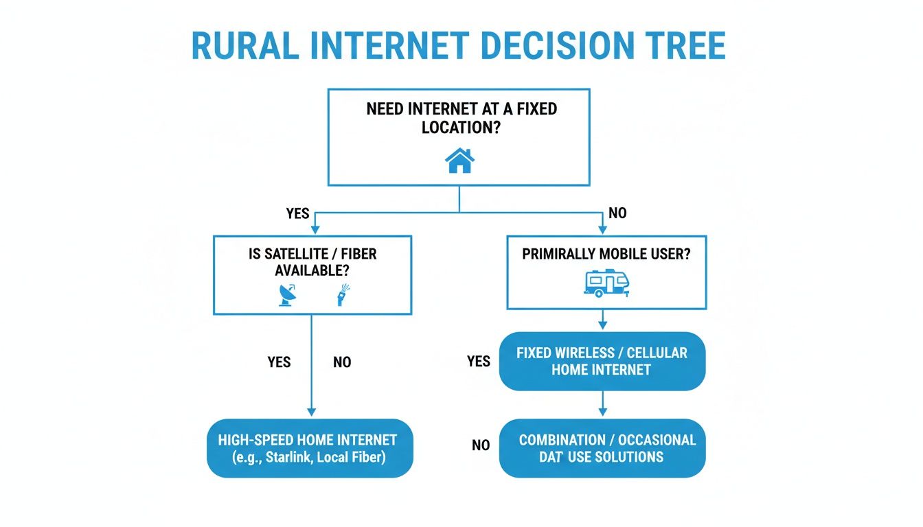 A decision tree diagram illustrating rural internet options based on location and usage needs.
