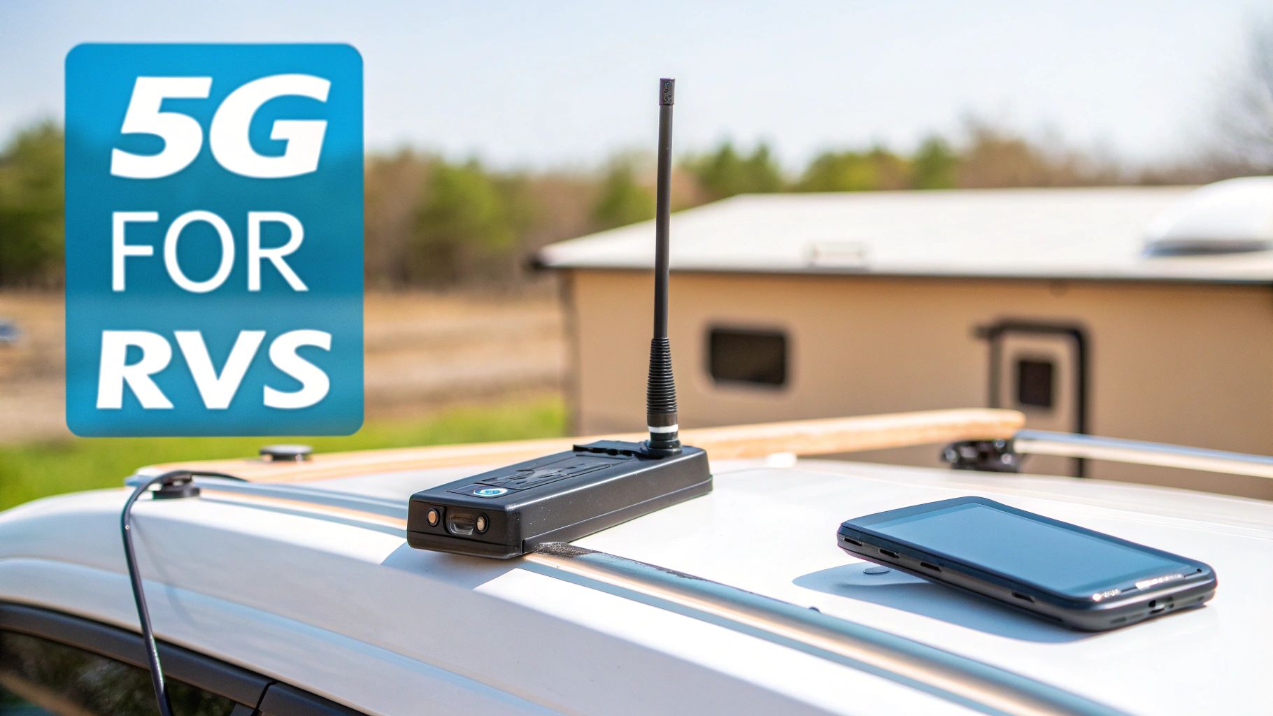 A 5G internet device with an antenna and a smartphone on a white RV roof, enhancing connectivity.