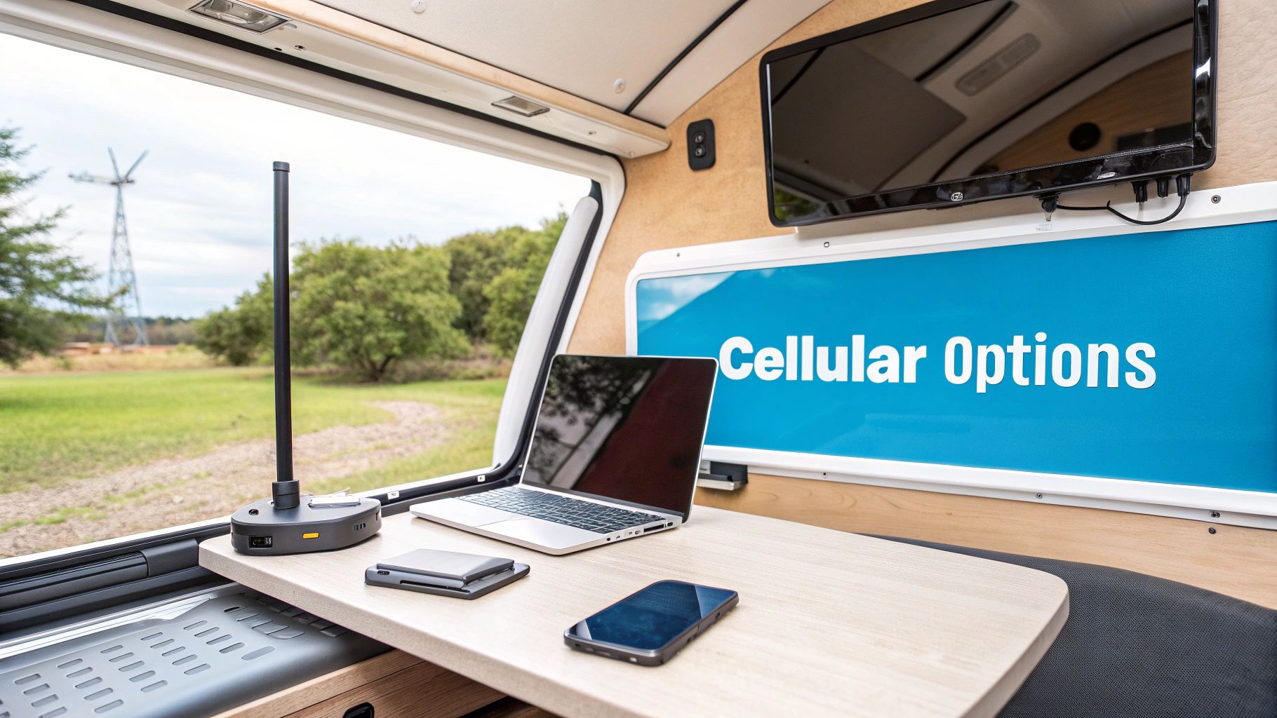 Man sitting in in RV using laptop for work