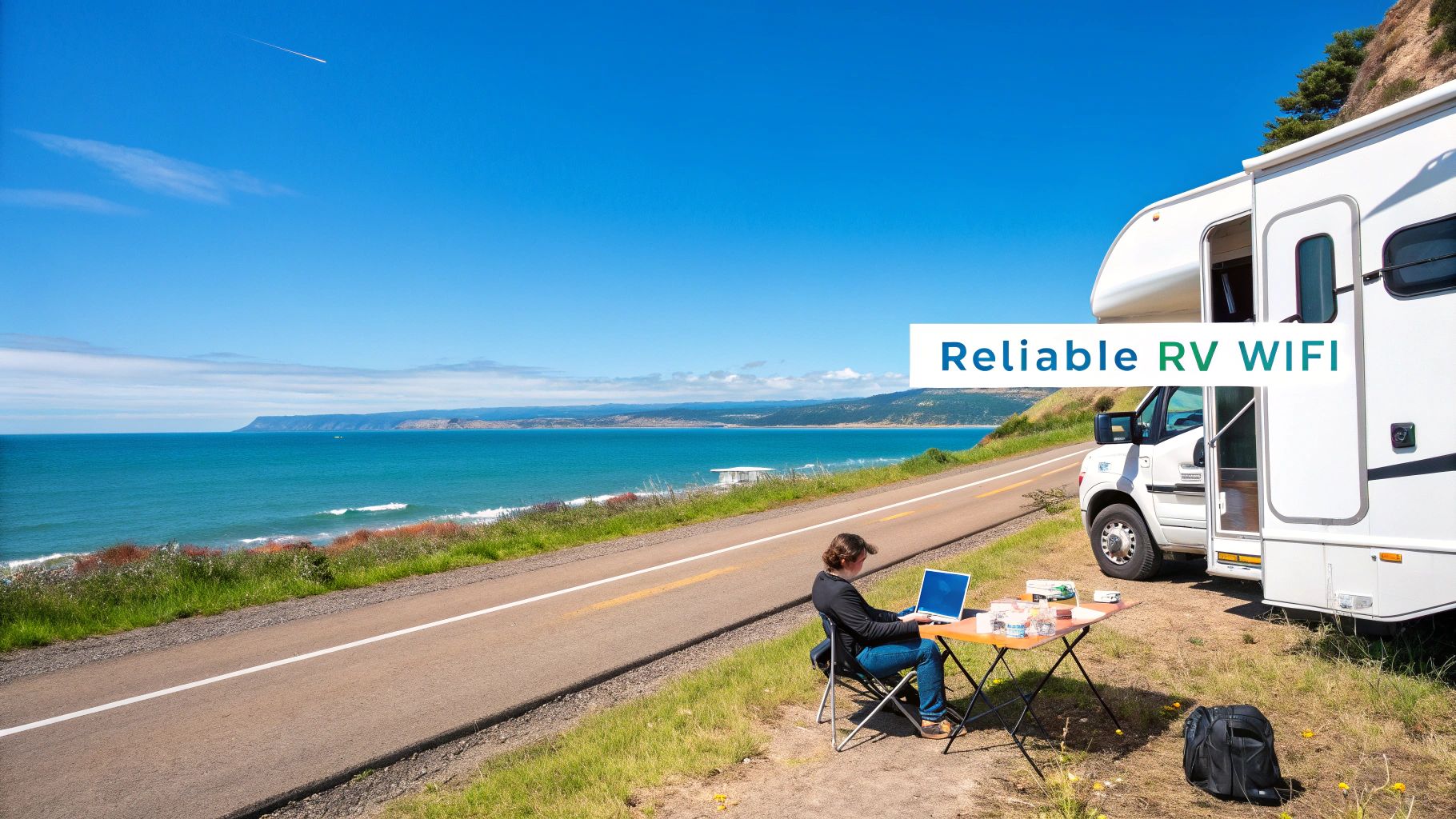 An RVer working on a laptop at a campsite with a beautiful mountain view, illustrating the digital nomad lifestyle.