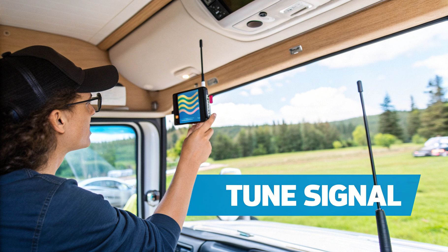 A person adjusting an antenna on an RV roof with a smartphone in hand to fine-tune the signal.