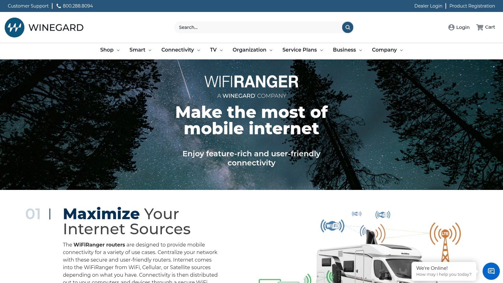 WiFiRanger website homepage showing RV connectivity products