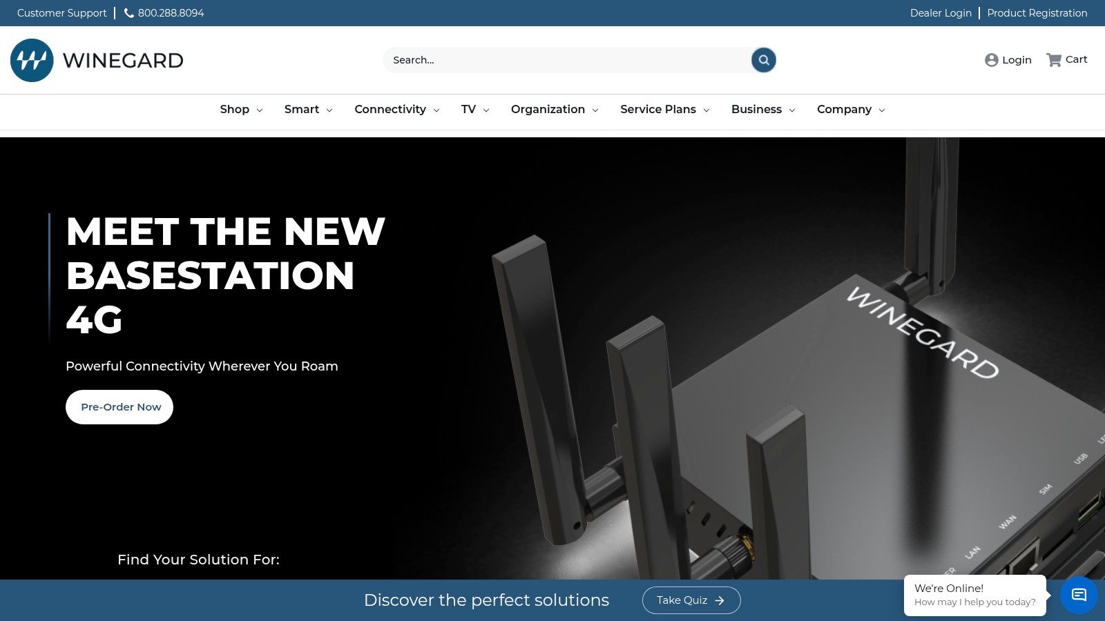 Winegard website homepage showcasing RV connectivity products