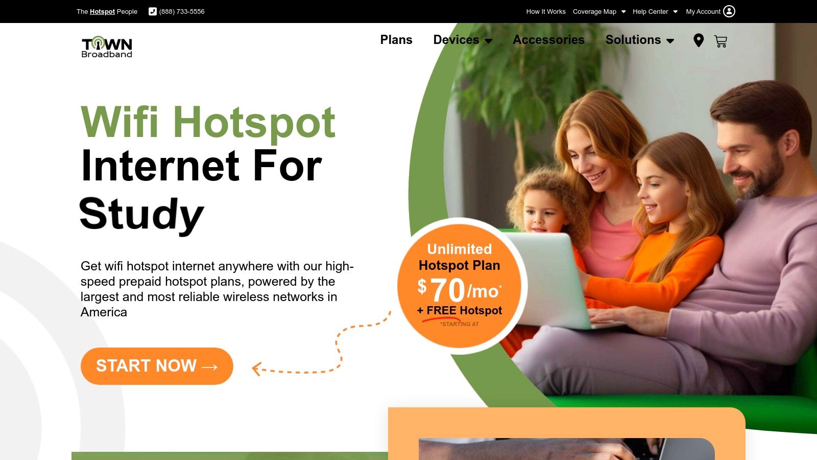 Town Broadband website homepage showing plans for RVs and motorhomes
