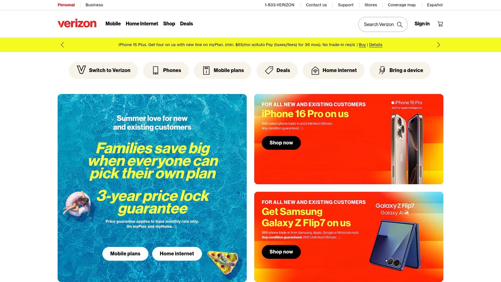 Verizon Wireless homepage showing mobile hotspot devices and plans