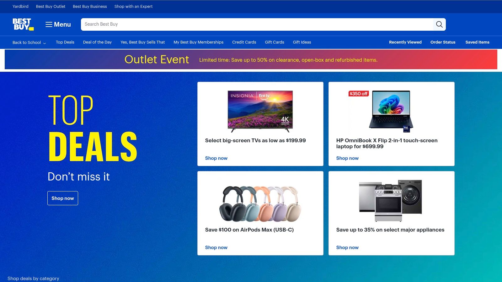 Best Buy website homepage showing a search bar and featured deals