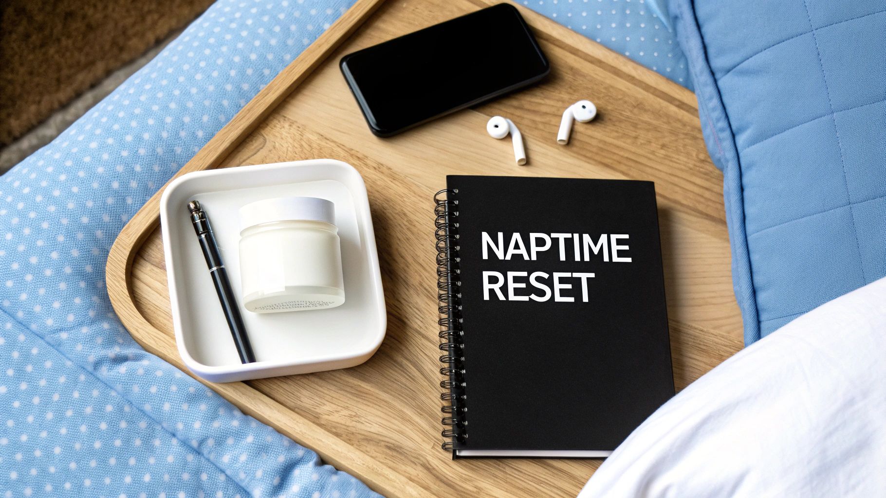 Overhead view of a bed tray with a phone, earbuds, cream, pen, and 'Naptime Reset' notebook.