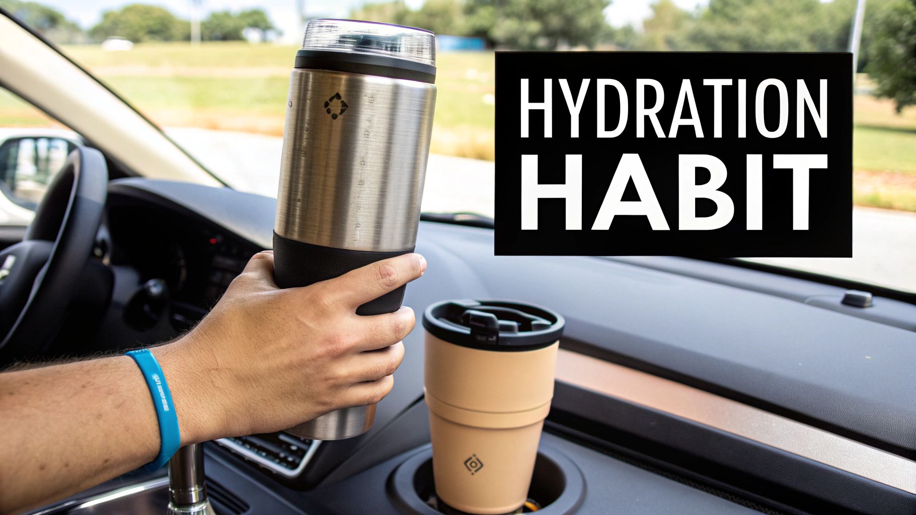 A person in a car holds a metallic water bottle, with a second cup visible and 'HYDRATION HABIT' text.