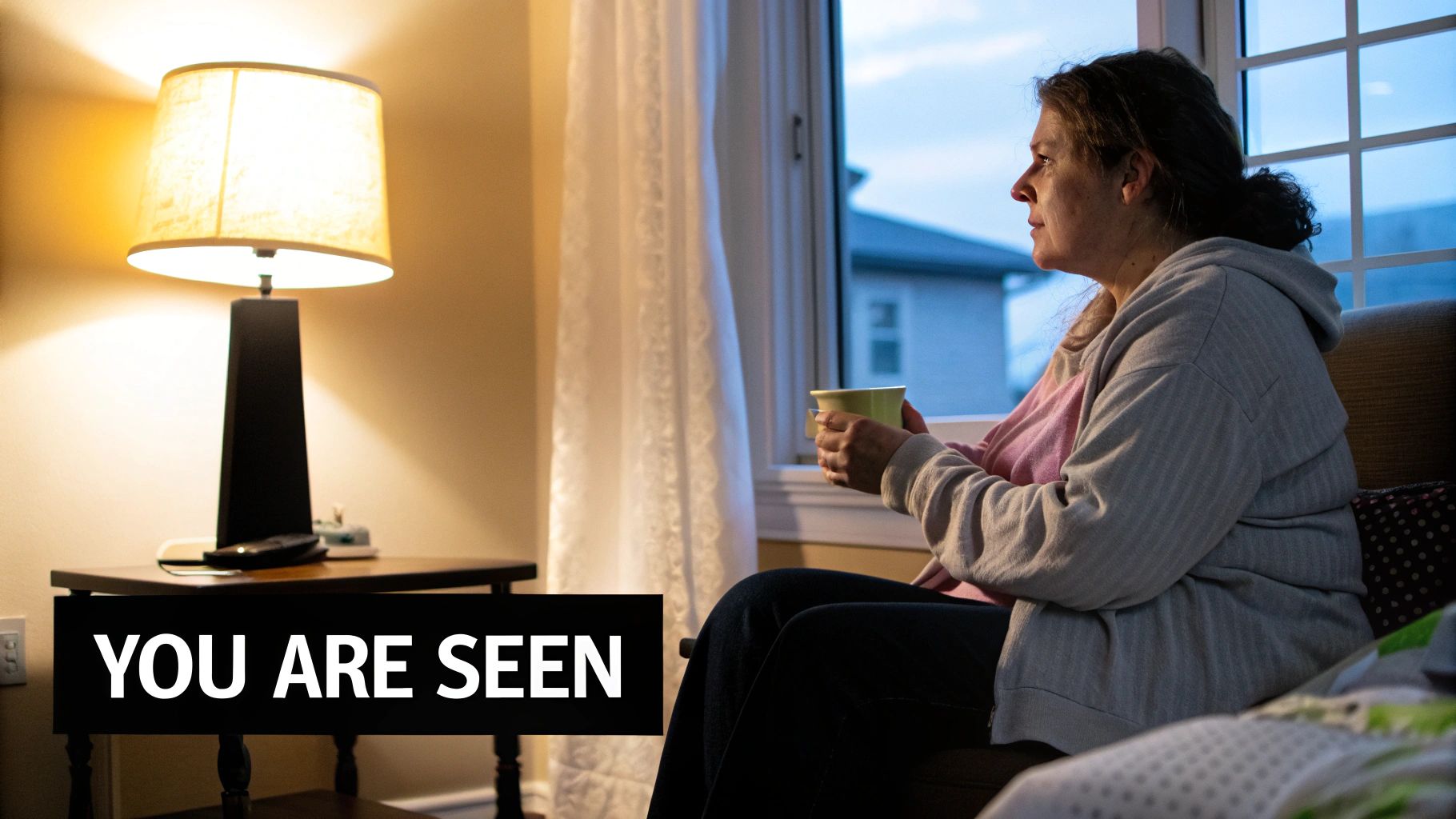 A woman sits by a window, holding a mug, looking contemplatively outside at dusk.