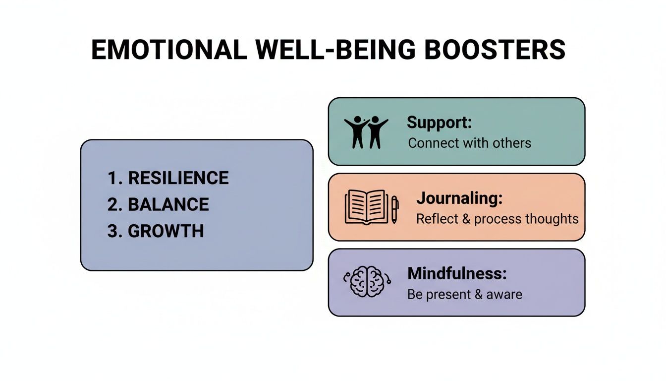 A diagram illustrating emotional well-being boosters, including resilience, balance, growth, support, journaling, and mindfulness.