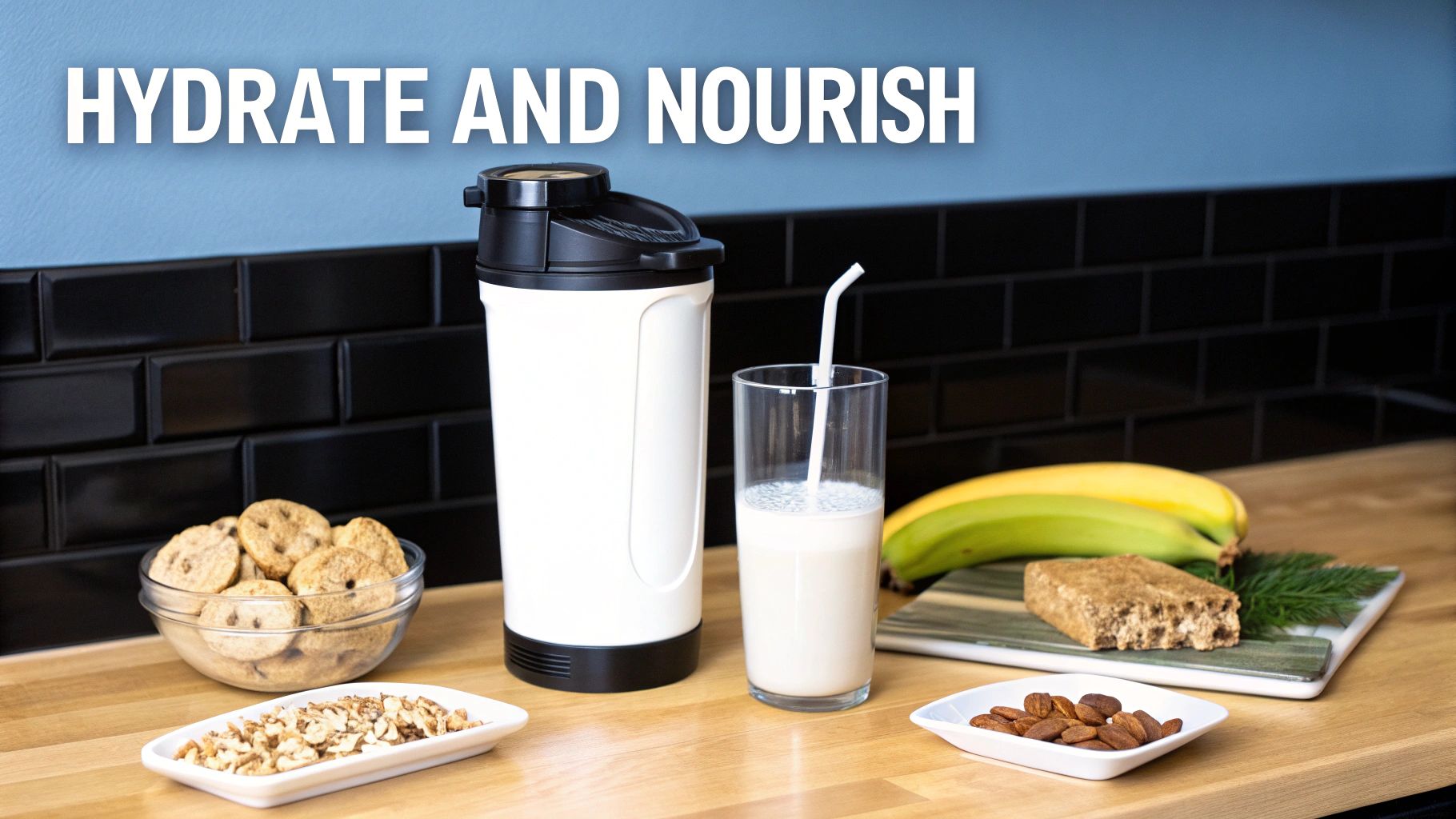 A healthy snack display with a shaker bottle, milk, cookies, nuts, a nutrition bar, and bananas.
