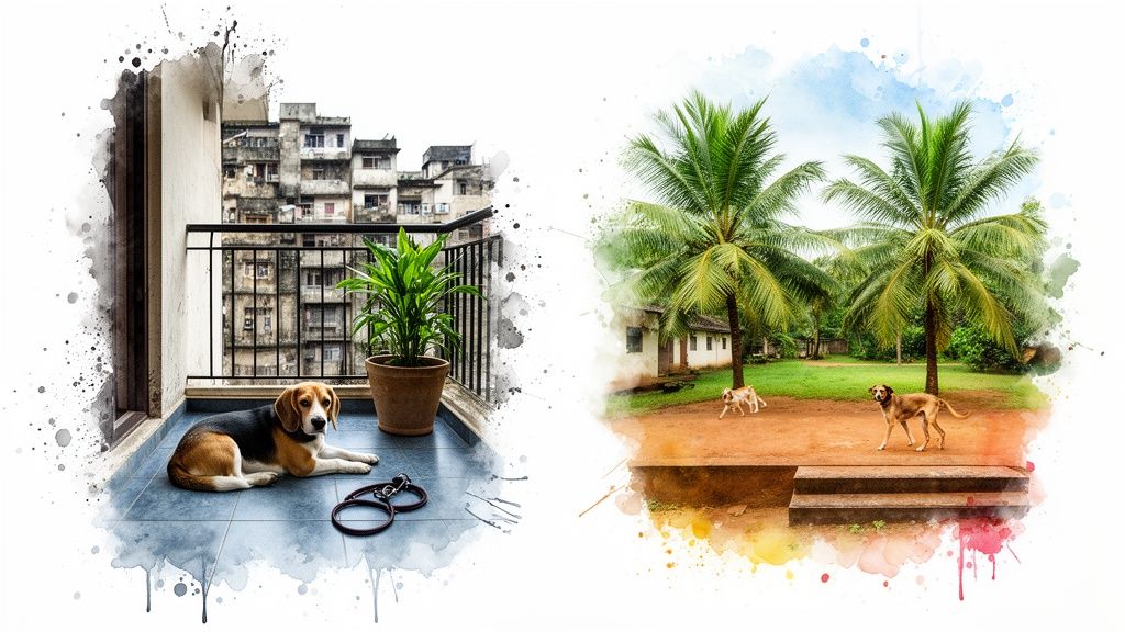 A watercolor-style split image showing a beagle on a balcony and dogs playing under palm trees.