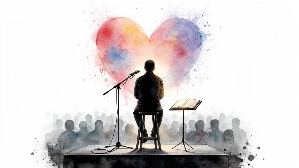 A person on stage, back to viewer, facing a glowing watercolor heart with audience silhouettes.