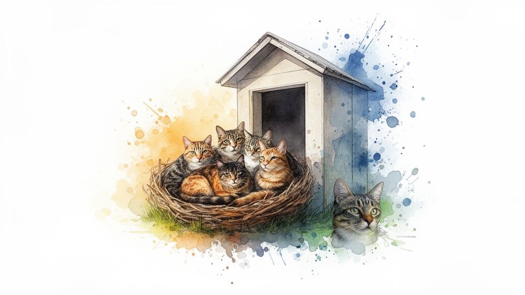 Charming watercolor artwork depicting a family of tabby cats in a nest by a little house.