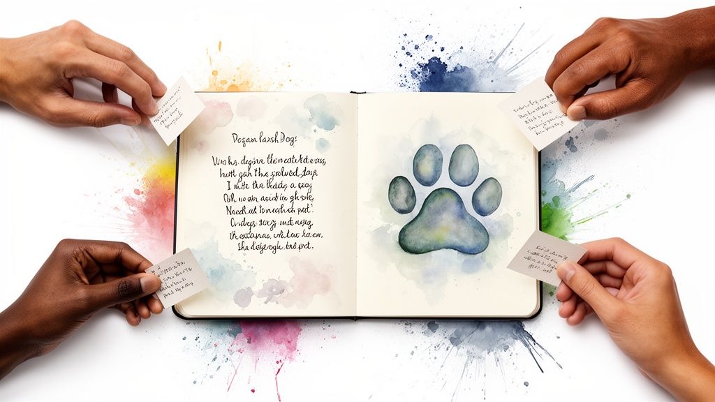 Diverse hands placing small notes around an open notebook with a dog poem and paw print.