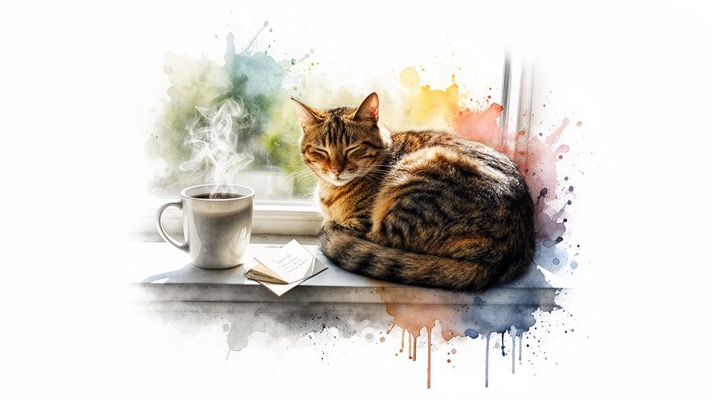 Cozy watercolor scene of a sleeping tabby cat on a windowsill with a steaming mug.