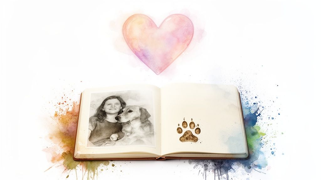 An open scrapbook displays a black and white photo of a girl with her dog, a paw print, and a watercolor heart.