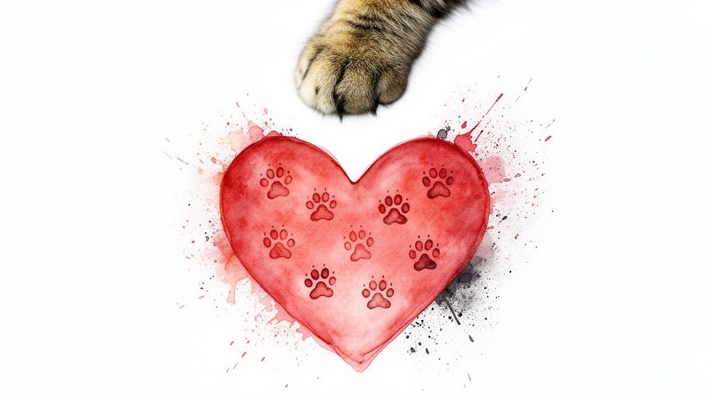 A cat's paw touches a watercolour heart filled with paw prints, surrounded by splatters.