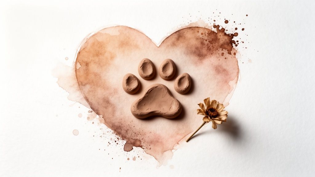 A sepia watercolor heart with a prominent clay paw print and a dried flower on white background.