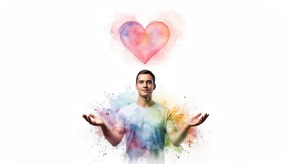 A man with outstretched hands and colorful watercolor splatters, with a heart symbol above his head.