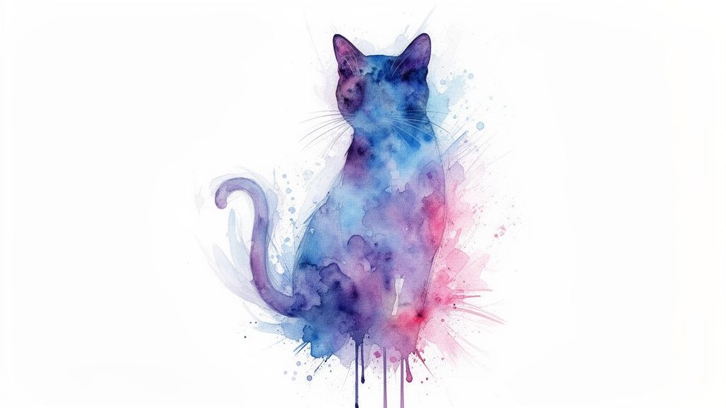 A vibrant watercolor silhouette of a sitting cat, featuring shades of blue, purple, and pink with artistic paint splatters.
