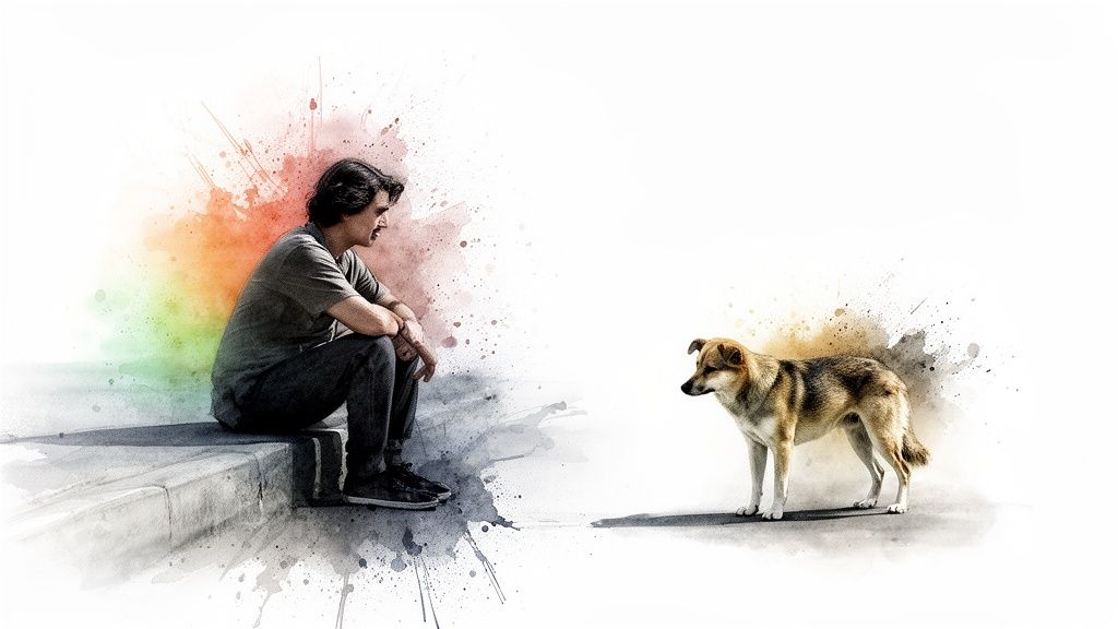 A man sits thoughtfully on a curb, looking at a stray dog with a watercolor effect.