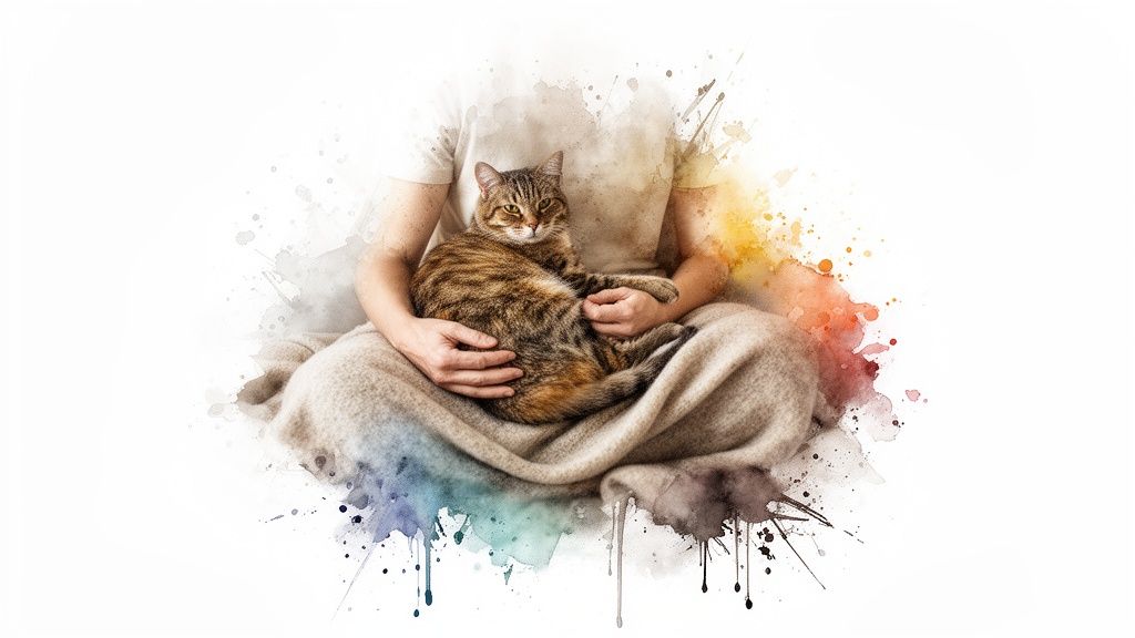 A person sits with a brown tabby cat resting comfortably on their lap, surrounded by colorful watercolor splashes.