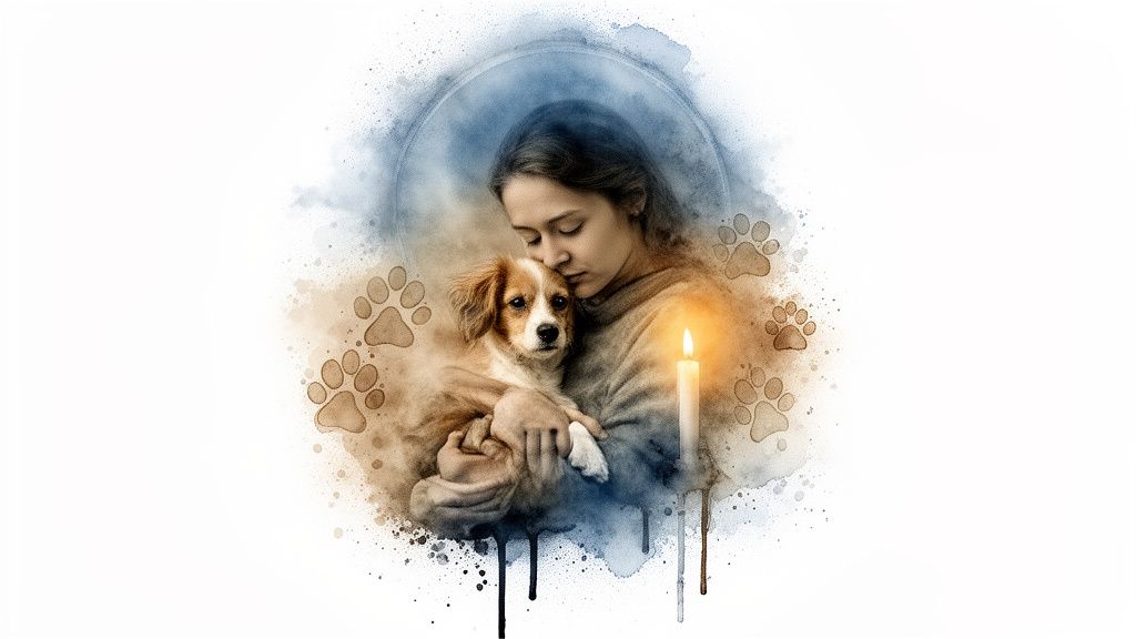 A watercolour-style image of a young person comforting a small dog, surrounded by paw prints and a glowing candle.