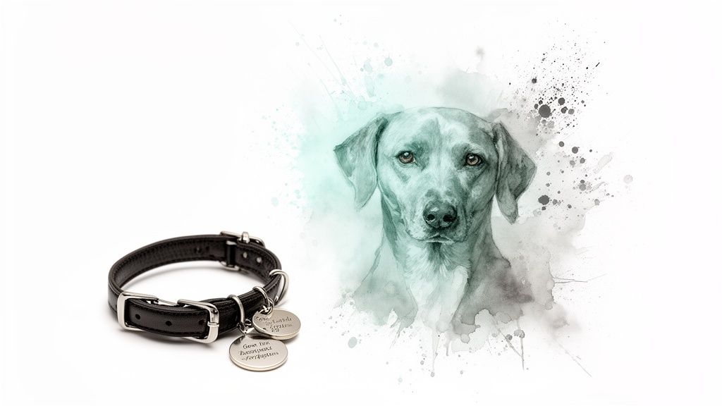 A black leather dog collar with silver tags next to a watercolor painting of a dog.