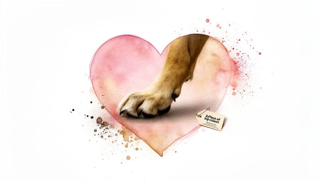 A dog's paw is nestled inside a watercolour pink heart with paint splatters, featuring a 'A Piece of My Heart' tag.