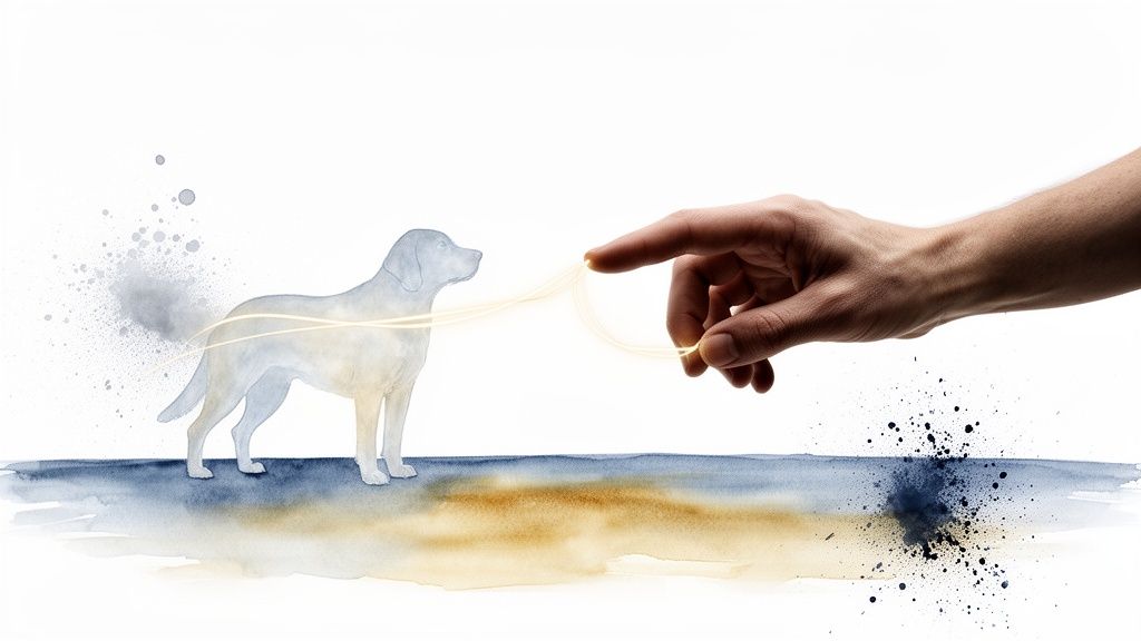A watercolour illustration of a translucent dog connected to a human hand by glowing golden lines.